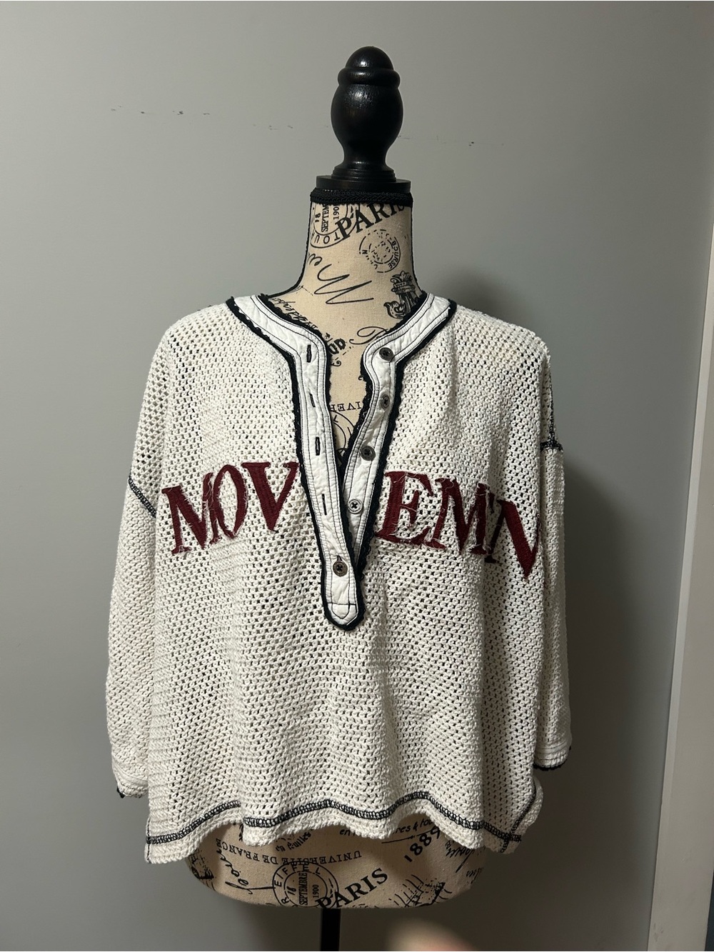 Free People MOVEMENT Knit Pullover Shirt - White with Burgundy Lettering
